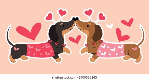 Two dachshund dogs are holding a heart on a pink background. Vector illustration doodle style. valentine's day card. Love animals. Retro style