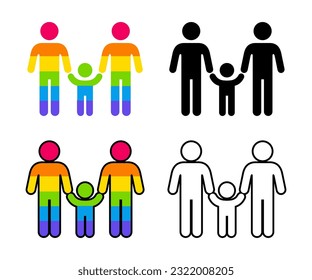 Two dads and child holding hands. Simple vector icon set, LGBT family stickers. Black and white and rainbow pride flag colors. 