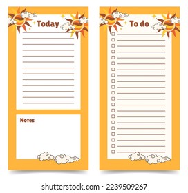 Two daily planners pages template.Tasks for today and checklist. Vertical journal on abstract orange background with sun elements. Retro groovy style. Vector illustration