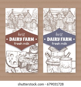 Two dairy farm shop labels with farmhouse, milk can, mug and cheese plate. Placed on cardboard texture. Includes hand drawn elements.