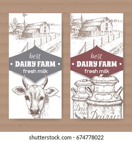 Two dairy labels with farmhouse, cow, milk cans. Placed on cardboard texture. Includes hand drawn elements.