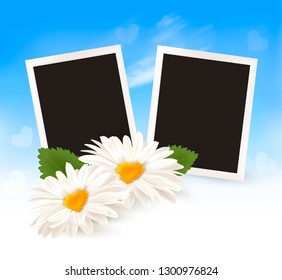 Dos margaritas con pardos en forma de corazón y fotos. Feliz Día de San Valentín. Vector.