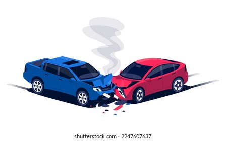 Two damaged car collision. Traffic accident on road, crossroad, street. Vehicle front part bumper crash. Insurance impact incident. Fast driving crashing, head-on hit. Isolated vector illustration. 