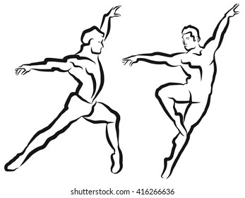 Two Dancer Outline Silhouette Sketch, Vector Hand Made Artwork