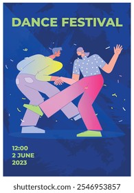 Dos bailarines bailan en un club bajo las luces. Pareja bailarina. Póster de baile o Festival de Música. Flyer Plantilla para Evento de Entretenimiento. Ilustración de personaje plano de Vector.