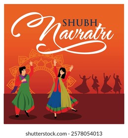 Two dancers joyfully celebrate Shubh Navratri with festive colors and cultural motifs, perfect for depicting Indian traditions, joy and togetherness during the Navratri Festival.