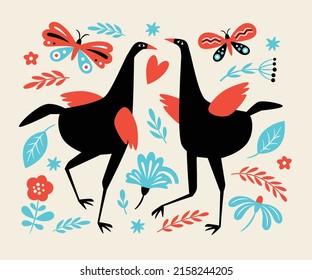 Two dancing birds and flowers. Vector illustration