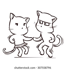 Two dancing cats. Hand drawn cartoon vector illustration.