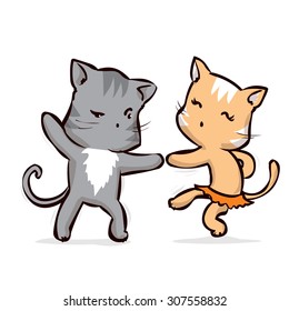 Two dancing cats. Hand drawn cartoon vector illustration.