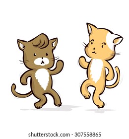 Two dancing cats. Hand drawn cartoon vector illustration.