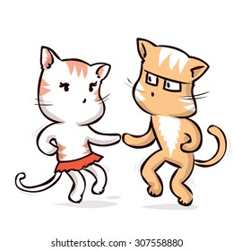 Two dancing cats. Hand drawn cartoon vector illustration.