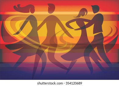 Two Dancing couples.
Colorful background with silhouettes of dancing couples. Vector available.
