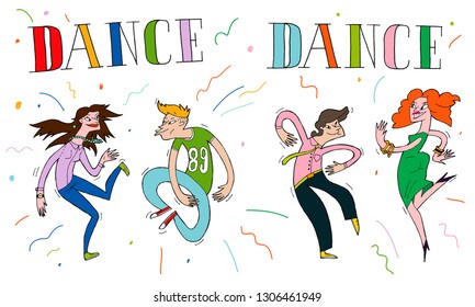 Two dancing couples a girl and a guy. Color illustration, can be used in the design of youth products, poster, t-shirt print, invitation.