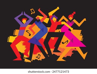 Two dancing couples, wild crazy dance party,cartoon.
Expressive stylized Illustration of disco dancers. Isolated on black background. Vector available.	