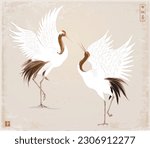 Two dancing crane birds on vintage background. Traditional oriental ink painting sumi-e, u-sin, go-hua. Hieroglyphs - zen, freedom, nature, happiness.