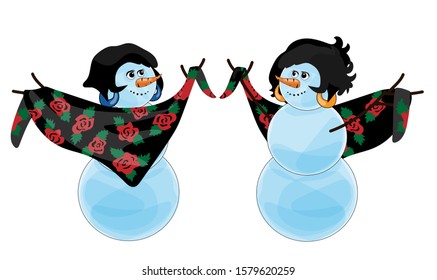 Two dancing female snowmen in gypsy costumes: black shawl with red flower print, earrings and short black haircut. Masquerade carol and winter holidays character. Isolated vector illustration.