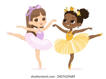 Two dancing girls. Ballerinas dancing in pink and yellow dresses