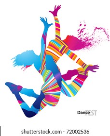 Two dancing girls with colorful spots and splashes on white background. Vector illustration.