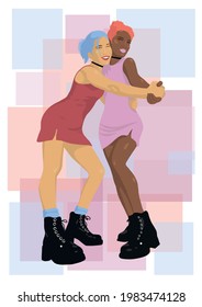 Dos chicas bailarinas con piel oscura y clara en vestidos cortos, botas y estranguladores. Amor LGBT, amigos, abrazos. Retrato moderno en un estilo minimalista, bohemio, plano.Vector de impresión, afiche, postal, decoración.