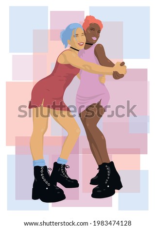 Two dancing girls with dark and fair skin in short dresses, boots and chokers. LGBT love, friends, hugs. Modern portrait in a minimalist, bohemian, flat style.Vector for print, poster, postcard,decor.