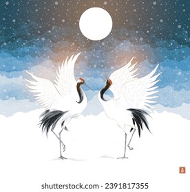 Two dancing japanese red-crowned crane birds on blue forest background in the snow. Traditional Japanese ink wash painting sumi-e. Translation of hieroglyph - joy.