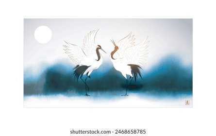 Two dancing japanese red-crowned cranes on blue forest background. Traditional oriental ink painting sumi-e, u-sin, go-hua. Translation of hieroglyph - love.