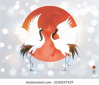 Two dancing japanese red-crowned cranes and  big red sun on white glowing background. Traditional oriental ink painting sumi-e, u-sin, go-hua. Translation of hieroglyph - love.