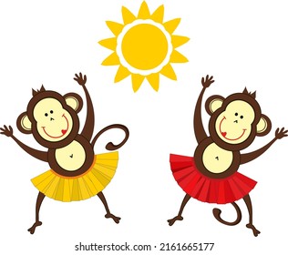 Two Dancing monkeys and yellow sun
