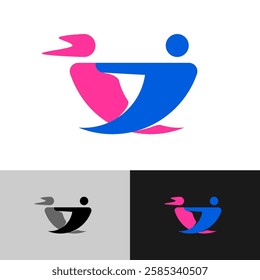 Two dancing people stylized logo. Dance training school colorful symbol. Woman and man figures moving together in a sport dancing performance.