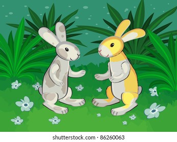 Two dancing rabbits. They dance against the backdrop of green lawn.