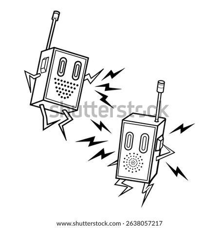 Two dancing retro radios with antennas and legs, emitting sound waves. The radios have expressive faces and dynamic poses, creating a lively, animated scene. Line art illustration vector.