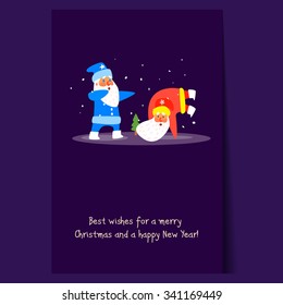 Two Dancing Santas. Christmas Vector Illustration in Flat Style