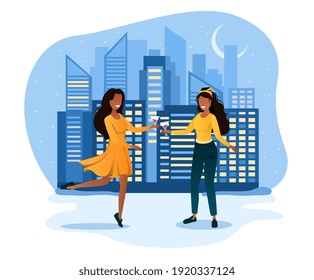Two dancing woman with curly hair in yellow dress on the background of the night city. Two female friends are enjoing night out on the roof. Flat cartoon vector illustration