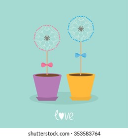 Two dandelion blowball flower set with hearts in the pots. Bows on sticks. Word love. Flat design. Vector illustration.