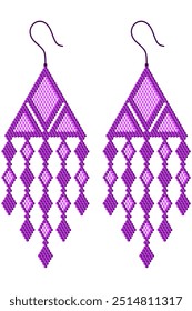 Two dangling purple earrings composed of rhombuses in light and dark purple, which are built from 3D cubes