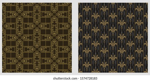 Two dark background pictures in retro style. Seamless vector backgrounds. Set of patterns. Colors on image: black, silver, gold. Exquisite graphic design.  Vector graphics.