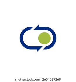 Two dark blue arrows forming an open circle, with a green dot positioned between them