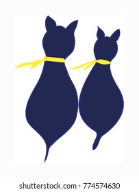 Two dark blue cats as silhouette seen from the back plus yellow scarf. Vector One