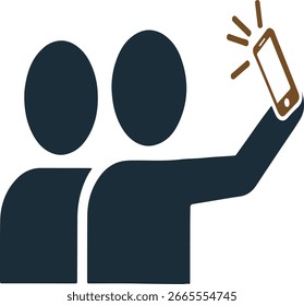 Dos figuras de color azul oscuro tomando un selfie con un smartphone marrón sobre fondo blanco