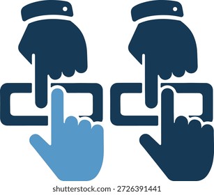 Dos manos azules oscuras que alcanzan un Enlace de cadena con una mano azul claro en el lado izquierdo, sobre un fondo blanco puro