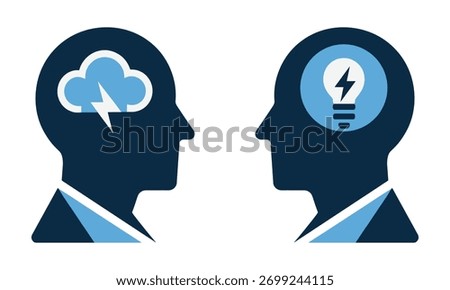Two dark blue human head profiles face each other, one with a cloud and lightning bolt, the other with a lightbulb.