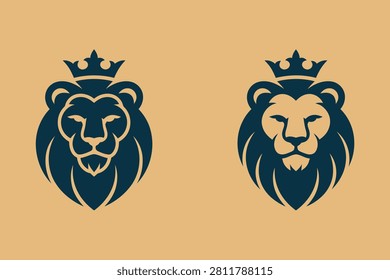 Two dark blue lion heads wearing crowns on beige background