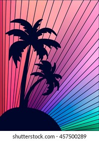 Two dark blue palm trees against the multi-colored striped sky, vector illustration