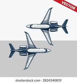 Two Dark Blue Private Jets Vector Pair of Executive Airplanes Twin Flight Formation Aviation Graphic Corporate Commercial Travel Design Luxury Fleet Jetliner Vector Illustration High Altitude