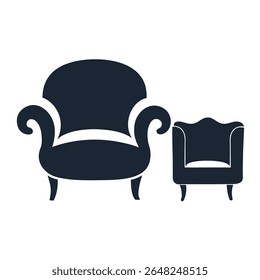 Duas silhuetas azuis escuras de cadeiras contra um fundo branco Uma poltrona maior e uma cadeira menor são mostradas em um estilo de ilustração vetorial simples