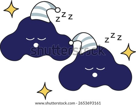 two dark blue sleeping clouds wearing striped nightcaps, surrounded by twinkling stars and “Zzz” symbols.