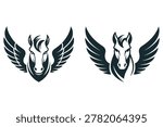 Two dark blue stylized pegasus horse head with spread wings winged horse mythology mythical creature