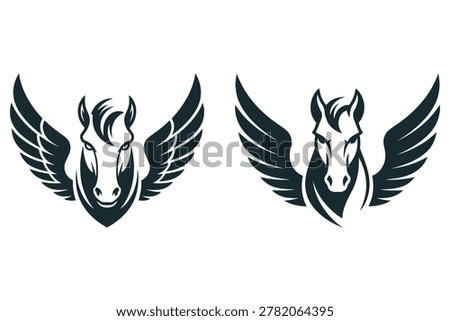 Two dark blue stylized pegasus horse head with spread wings winged horse mythology mythical creature