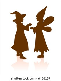 Two dark children's silhouettes in Halloween dress. Witch and  fairy.