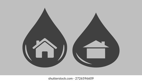 Duas gotas de água cinza escuro com ícones de casa dentro em um fundo cinza claro, simbolizando a conservação de água para casas.